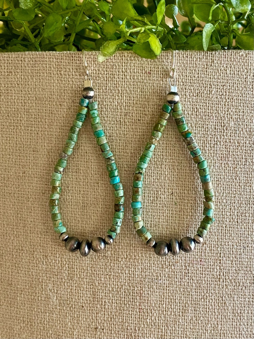 Turquoise Heishi bead & sterling silver Navajo desert pearls dangle hoop earring